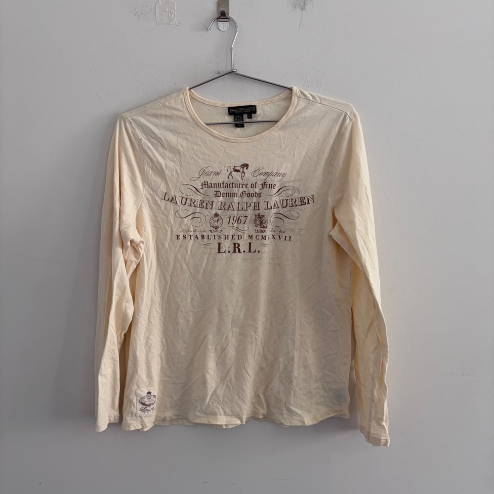 Lauren Jeans Co Ralph Lauren Cream Graphic Long Sleeve Top Large